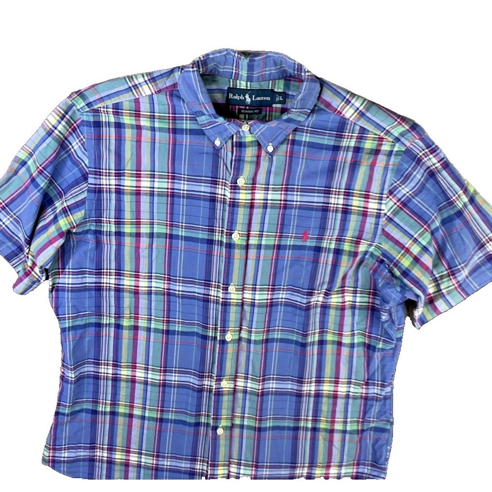 Vintage Polo Ralph Lauren Plaid Shirt Mens L Short Sleeve Button Down Classic